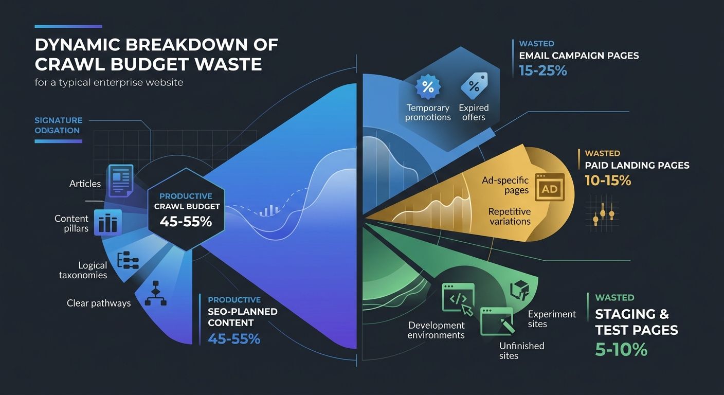 Infographic showing the breakdown of crawl budget waste in a typical enterprise site with segments for email campaign pages at 15-25 percent, paid landing pages at 10-15 percent, staging and test page