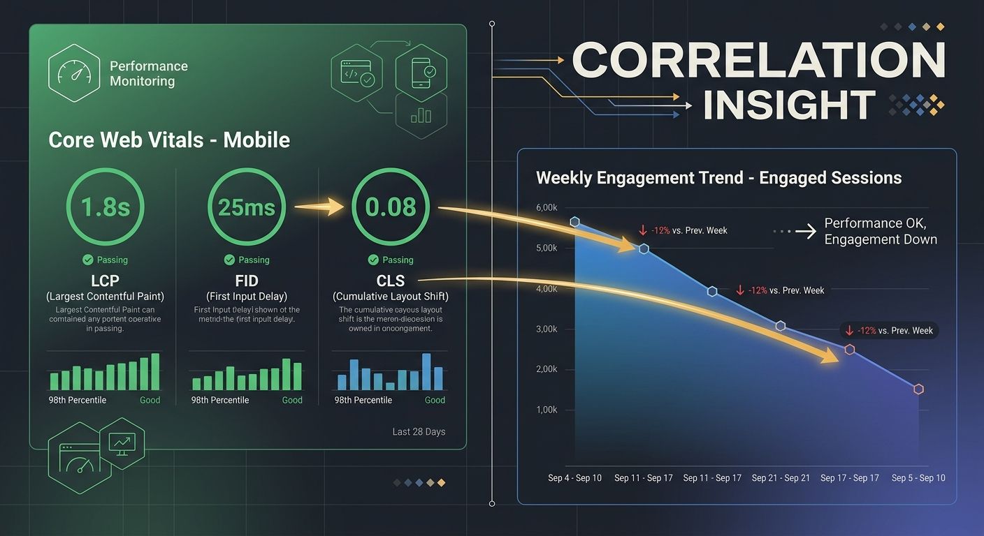 a split-screen comparison showing a Core Web Vitals report with green passing scores on the left and a weekly engagement trend chart showing declining engaged sessions on the right, with annotation ar