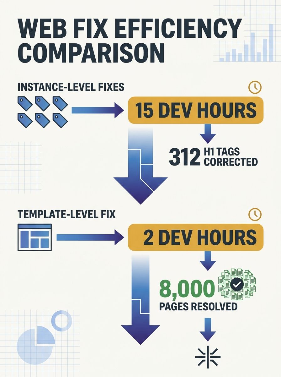 infographic showing a comparison between instance-level fixes (312 individual H1 tag corrections taking 15 dev hours) versus a single template-level fix (1 canonical tag correction resolving 8,000 pag