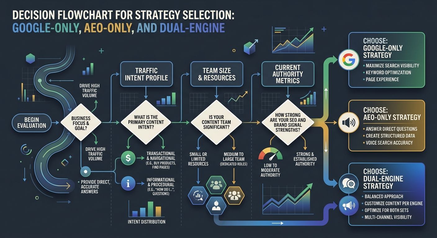 A decision flowchart for choosing between Google-Only, AEO-Only, and Dual-Engine strategies, with decision nodes based on traffic intent profile, team size, and current authority metrics, leading to r