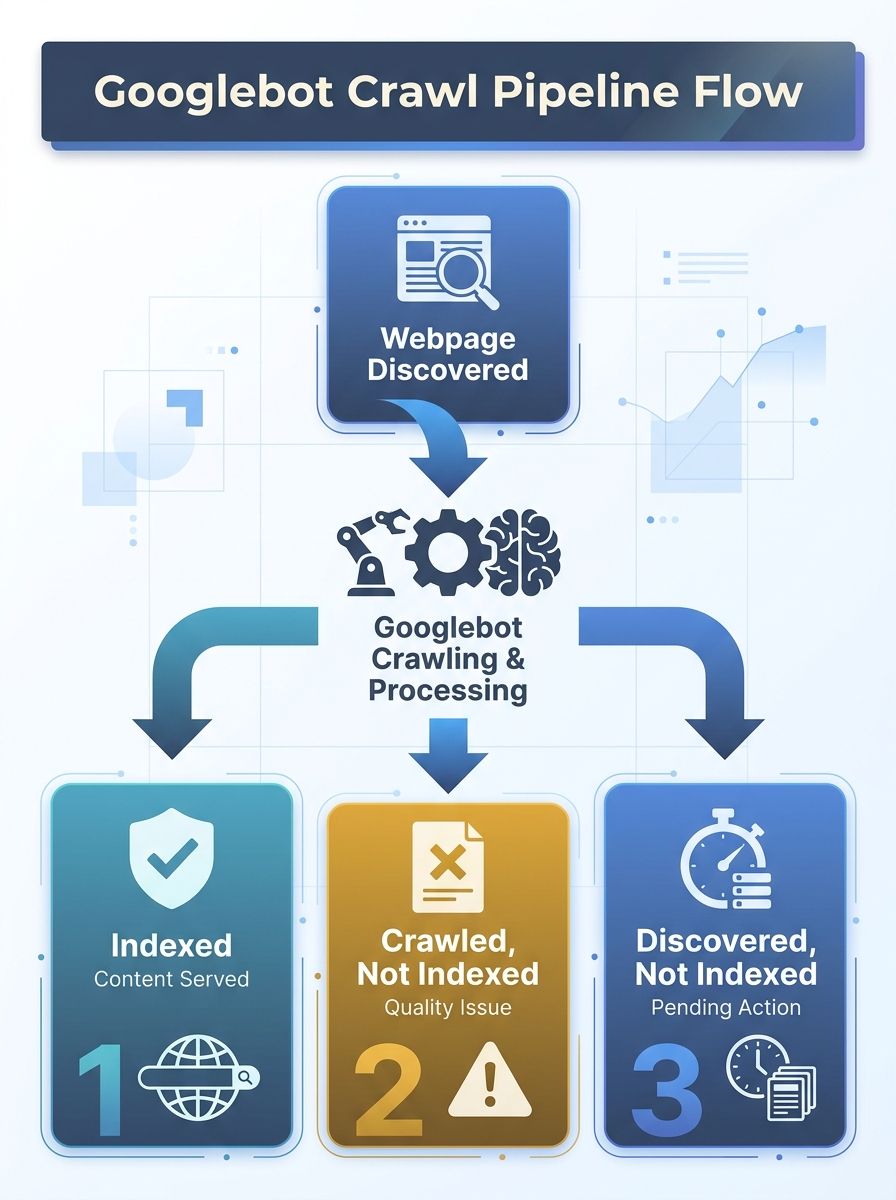 A flowchart showing a webpage going through Googlebot's crawl pipeline with three possible outcomes: indexed, crawled but not indexed, and discovered but not indexed
