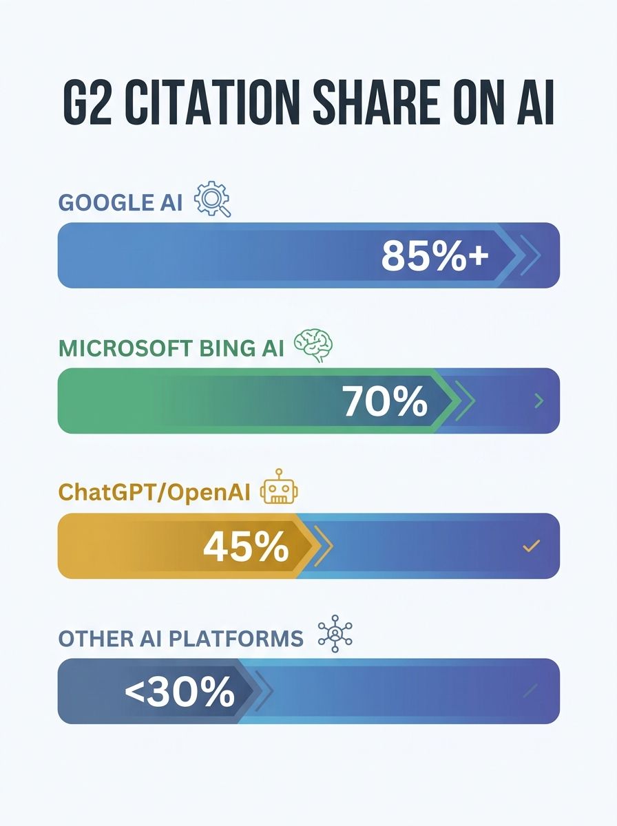 Bar chart showing G2's citation share across major AI platforms for software category searches