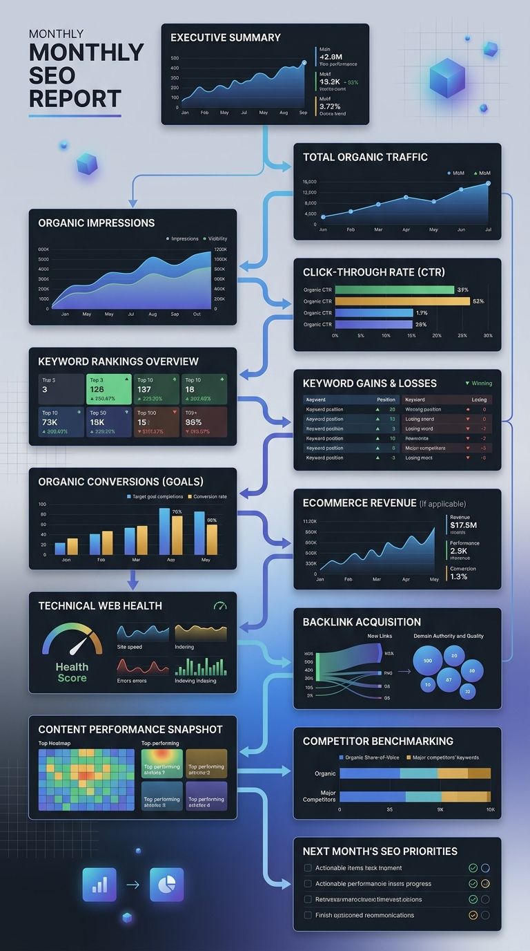 An infographic showing a monthly SEO report structure with 13 sections organized as a vertical flowchart, from executive summary at top through traffic, rankings, conversions, technical health, backli