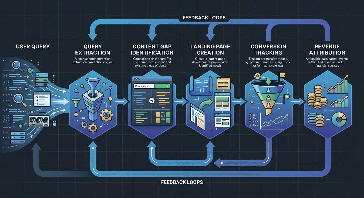 A flowchart showing on-site search query data flowing through analysis steps including query extraction, content gap identification, landing page creation, conversion tracking, and revenue attribution