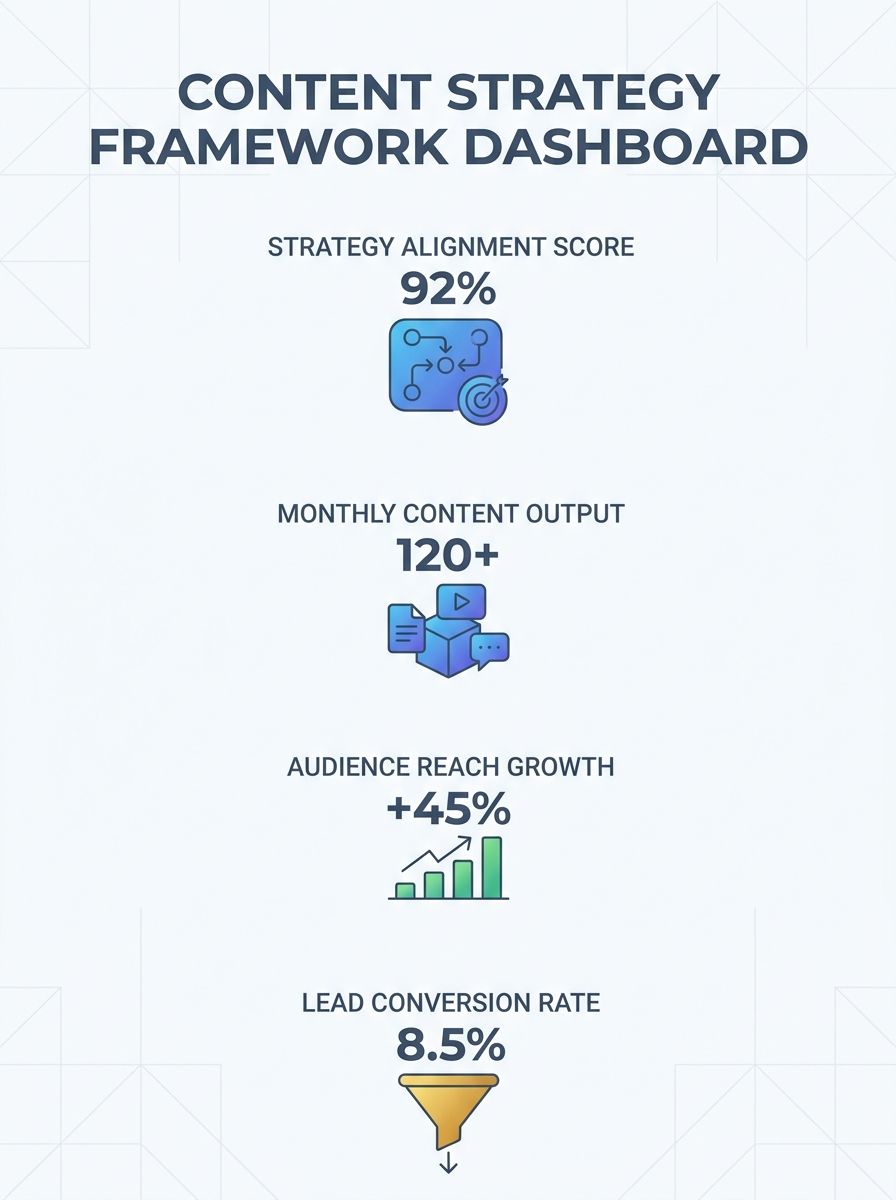 Marketing team reviewing documented content strategy framework with performance metrics dashboard