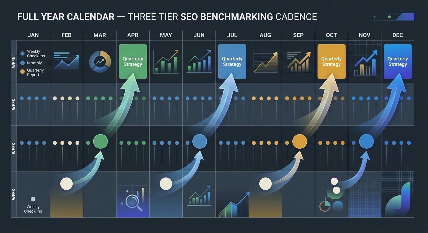 A calendar view showing the three-tier SEO benchmarking cadence across a full year with weekly check-ins as small dots, monthly reports as medium circles, and quarterly strategy sessions as large bloc