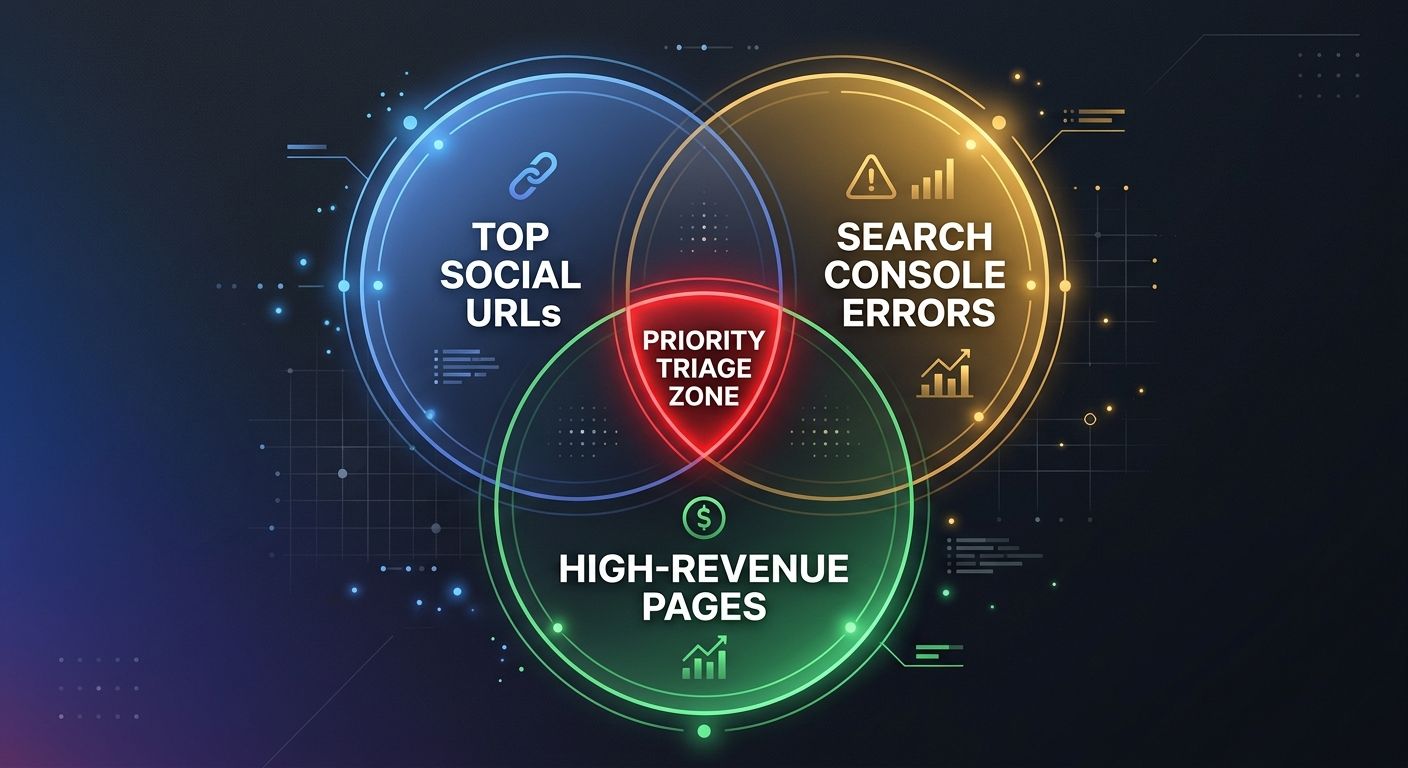 A Venn diagram showing the overlap between three circles labeled Top Social URLs, Search Console Errors, and High-Revenue Pages, with the center overlap highlighted in red and labeled Priority Triage