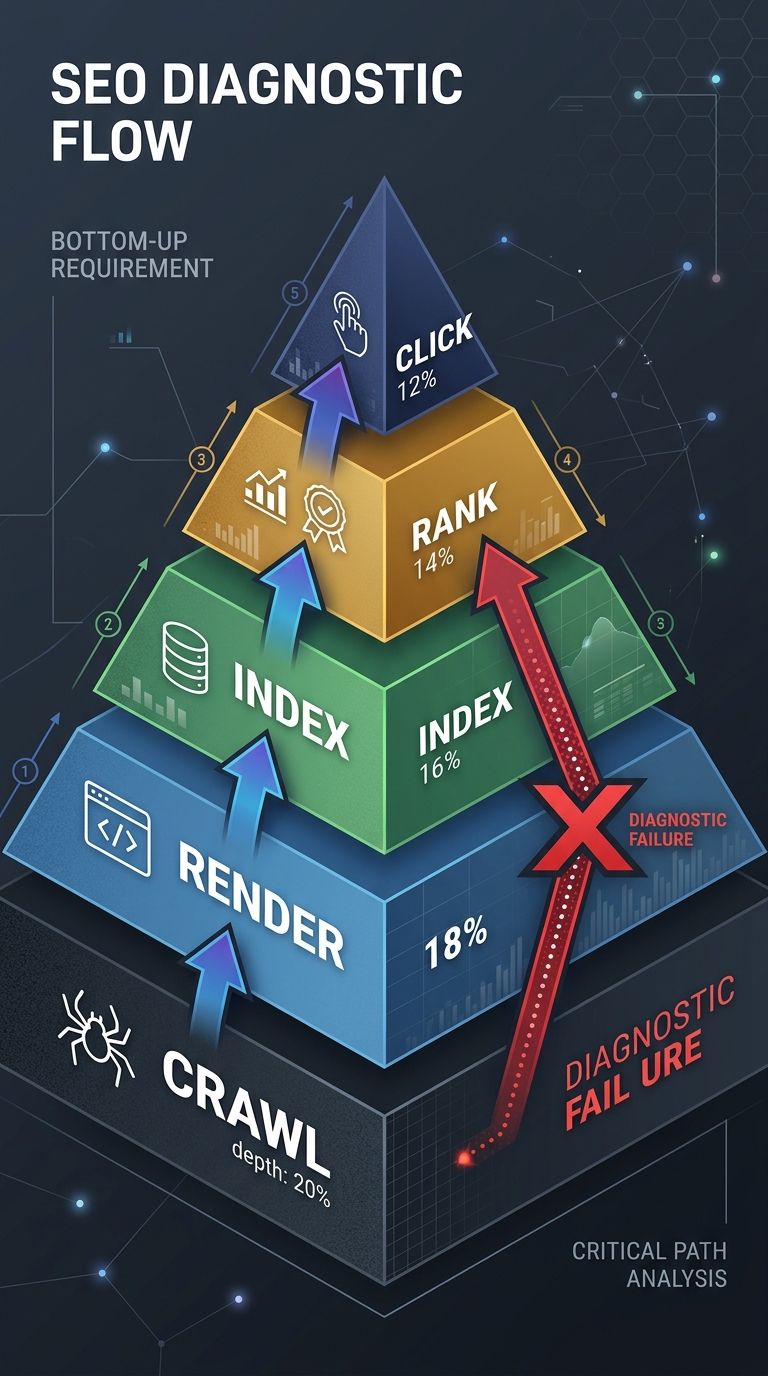 A vertical pyramid diagram with five stacked layers labeled from bottom to top: Crawl, Render, Index, Rank, Click, with arrows showing the required bottom-up diagnostic flow and a large red X marking