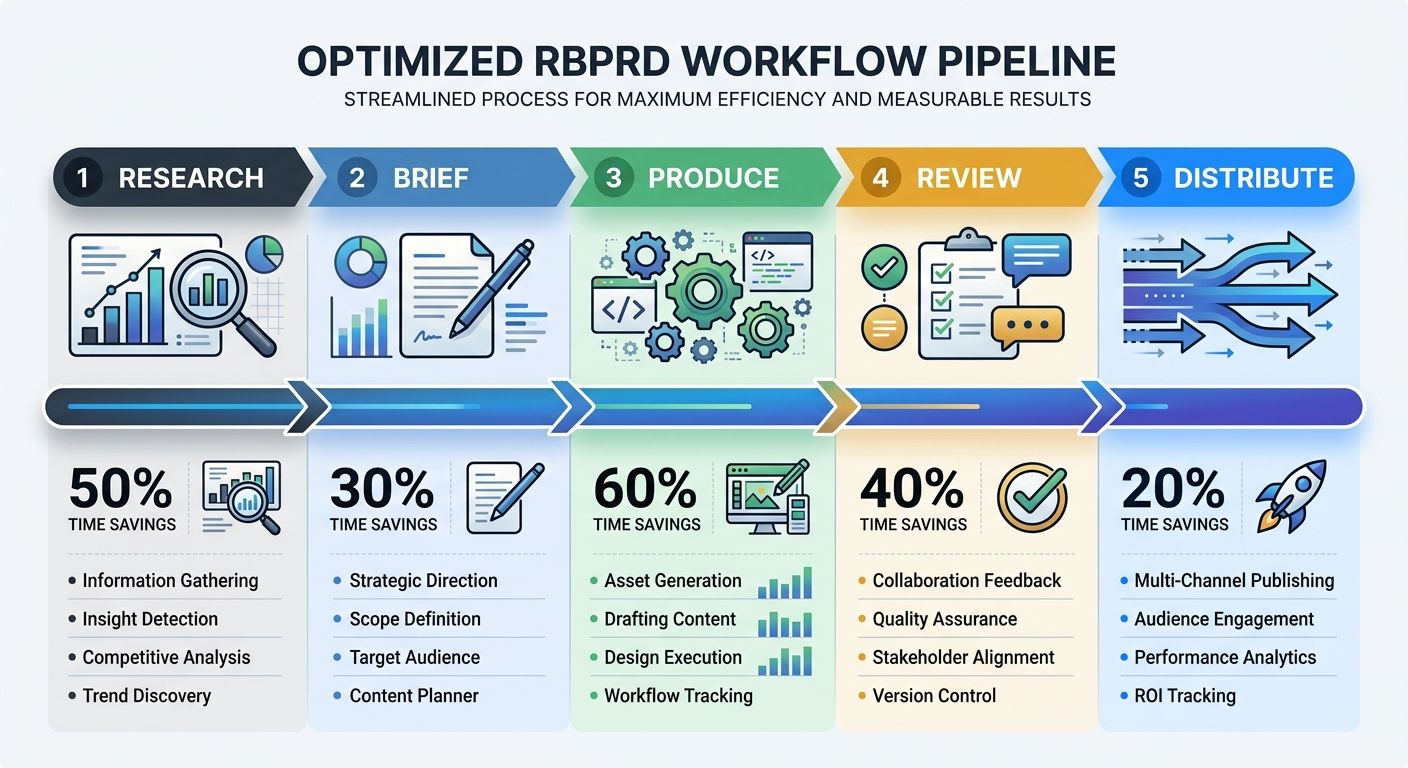 An infographic showing the five RBPRD workflow stages (Research, Brief, Produce, Review, Distribute) as a horizontal pipeline with time savings, key metrics, and handoff points between each stage