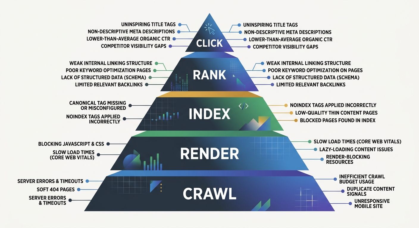 a five-layer pyramid diagram showing Crawl at the base, then Render, Index, Rank, and Click at the top, with annotations showing the specific issues found at each layer for the e-commerce case study