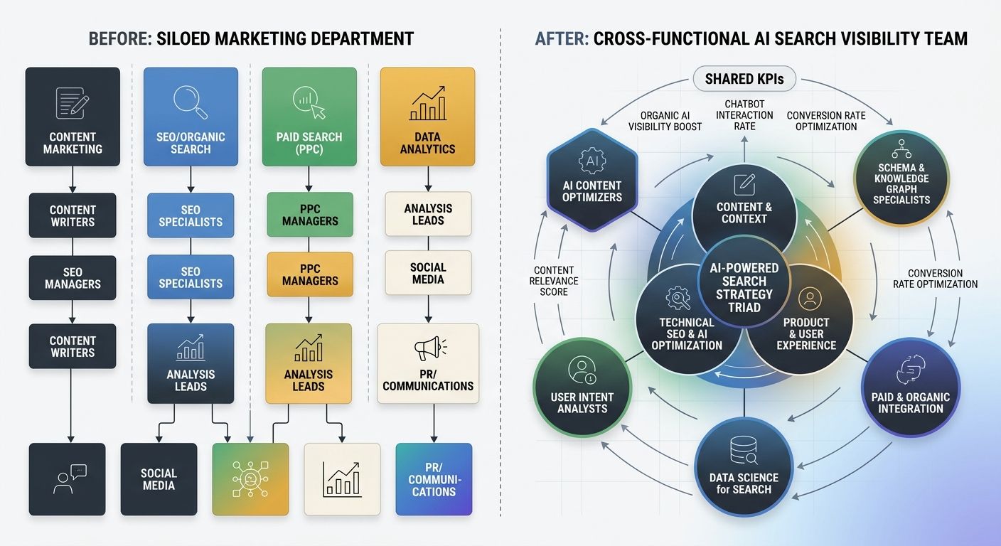 a before-and-after organizational chart showing a siloed marketing department on the left transforming into a cross-functional AI search visibility team on the right with shared KPIs