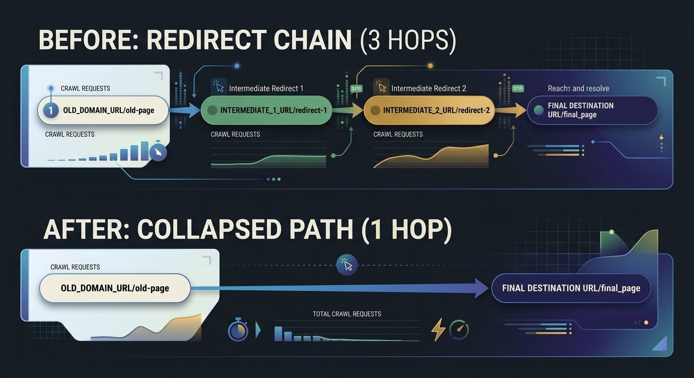 before-and-after diagram showing a three-hop redirect chain from old domain URL through intermediate redirect to final destination, contrasted with a collapsed single-redirect path, with crawl request
