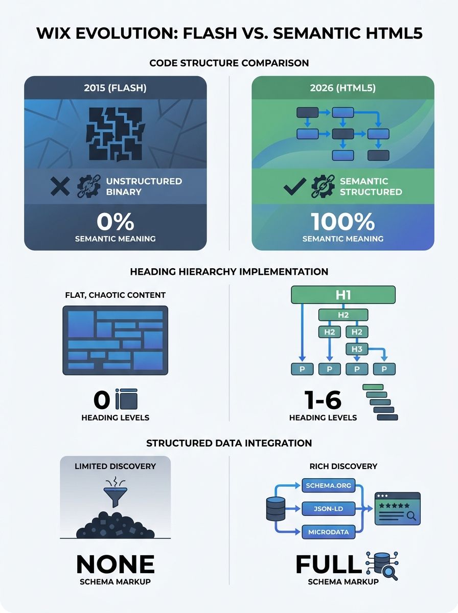 Side-by-side comparison of Wix 2015 Flash-based code versus 2026 semantic HTML5 output showing clean heading hierarchy and structured data implementation