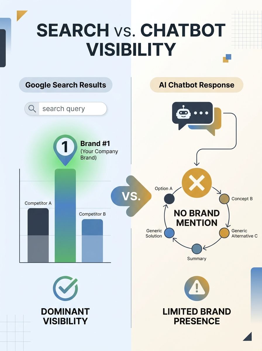 Split-screen comparison showing a Google search result with a brand in position #1 on the left, and an AI chatbot response without that brand mentioned on the right