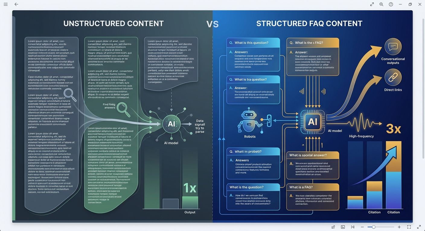 A side-by-side comparison showing unstructured long-form content on the left versus structured FAQ content on the right, with arrows showing how AI models extract and cite the FAQ format 3x more frequ