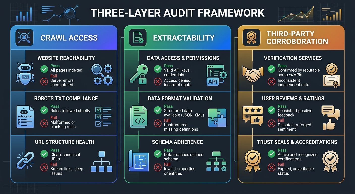 An infographic showing the three-layer audit framework with Crawl Access, Extractability, and Third-Party Corroboration as vertical columns, each containing 3-4 specific checkpoints with pass and fail
