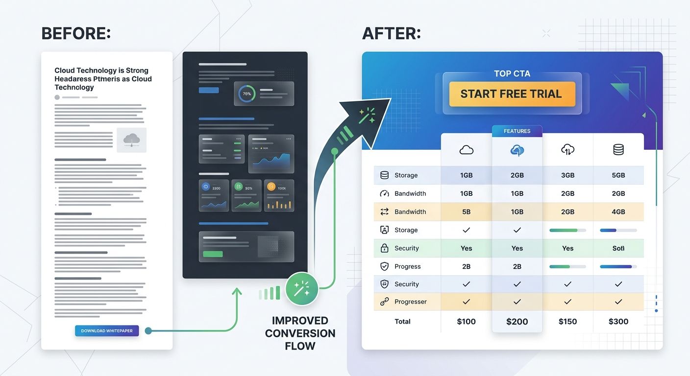 A before-and-after side-by-side of a web page redesign. The left side shows a long-form blog post with a whitepaper download CTA at the bottom. The right side shows the same topic restructured as a co