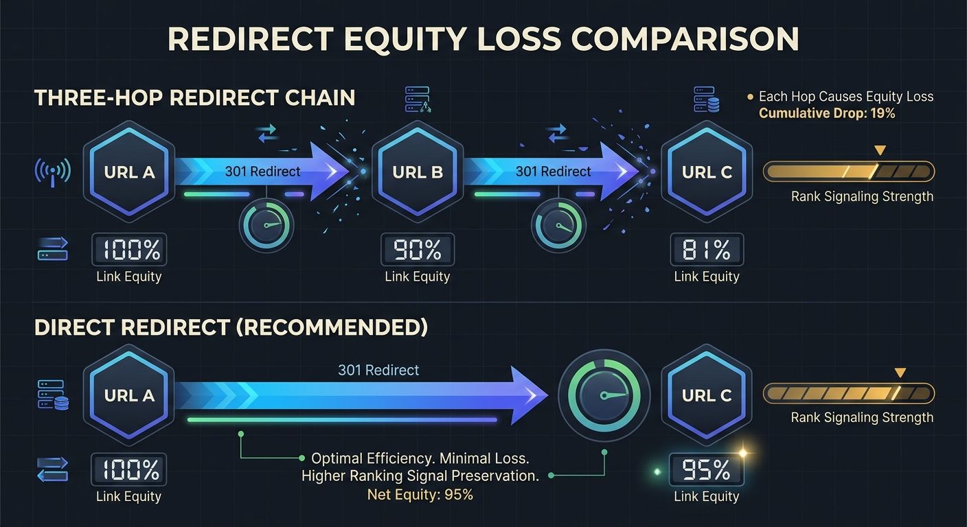 diagram showing a redirect chain with three hops labeled URL A to URL B to URL C, with link equity percentage decreasing at each hop from 100% to 90% to 81%, versus a direct redirect from URL A to URL