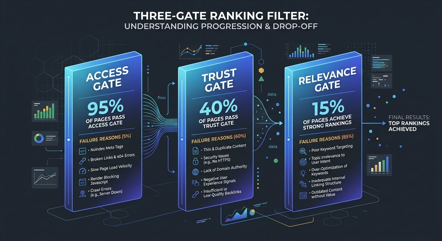 infographic showing the Three-Gate Ranking Filter with statistics at each stage - Access Gate showing 95% of pages pass, Trust Gate showing 40% of pages pass, and Relevance Gate showing 15% of pages a