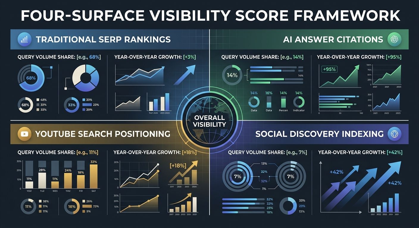 An infographic showing the Four-Surface Visibility Score framework with four quadrants for Traditional SERP Rankings, AI Answer Citations, YouTube Search Positioning, and Social Discovery Indexing, di