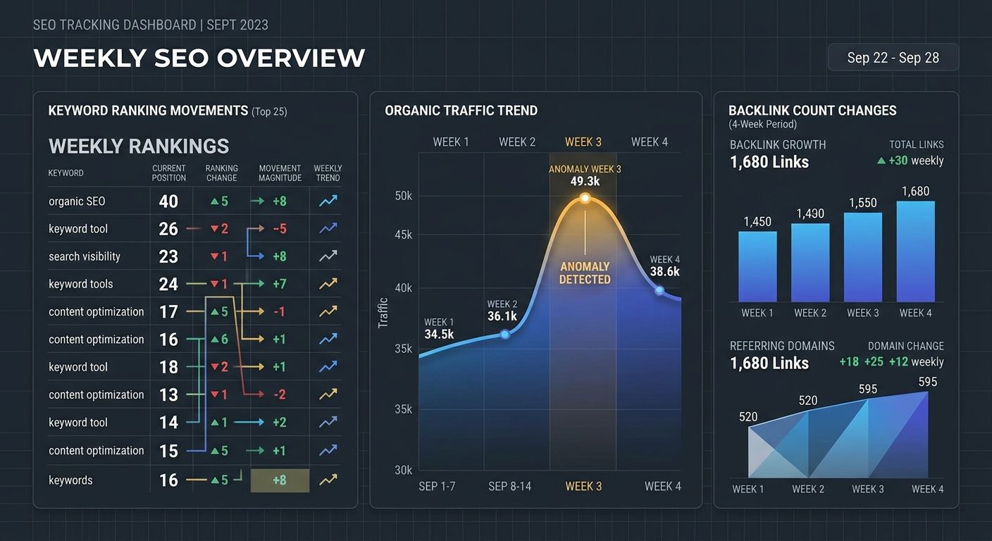 A weekly SEO tracking dashboard mockup showing three panels - keyword ranking movements with green and red arrows, organic traffic trend line with anomaly highlighted, and backlink count changes over