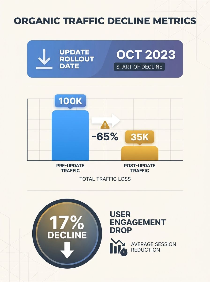 Dashboard showing organic traffic decline metrics following Google spam update rollout