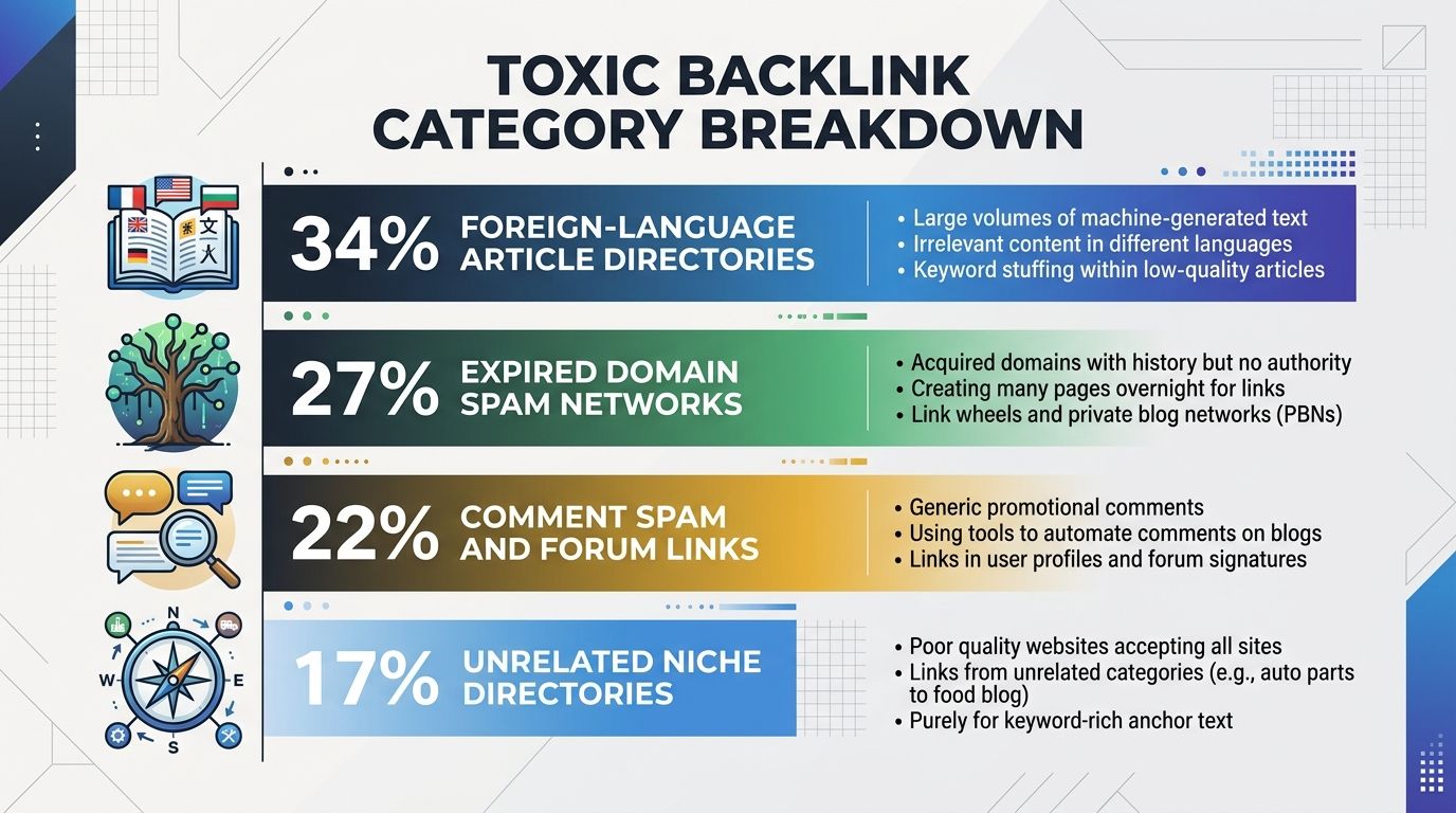 An infographic showing the breakdown of toxic backlink categories in a horizontal bar chart: 34% foreign-language article directories, 27% expired domain spam networks, 22% comment spam and forum link