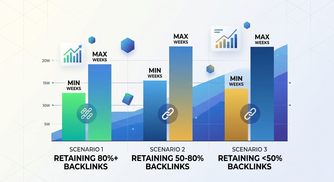 bar chart comparing recovery timelines across three scenarios: sites retaining 80%+ backlinks recovering in 4-8 weeks, sites retaining 50-80% recovering in 8-16 weeks, and sites retaining less than 50