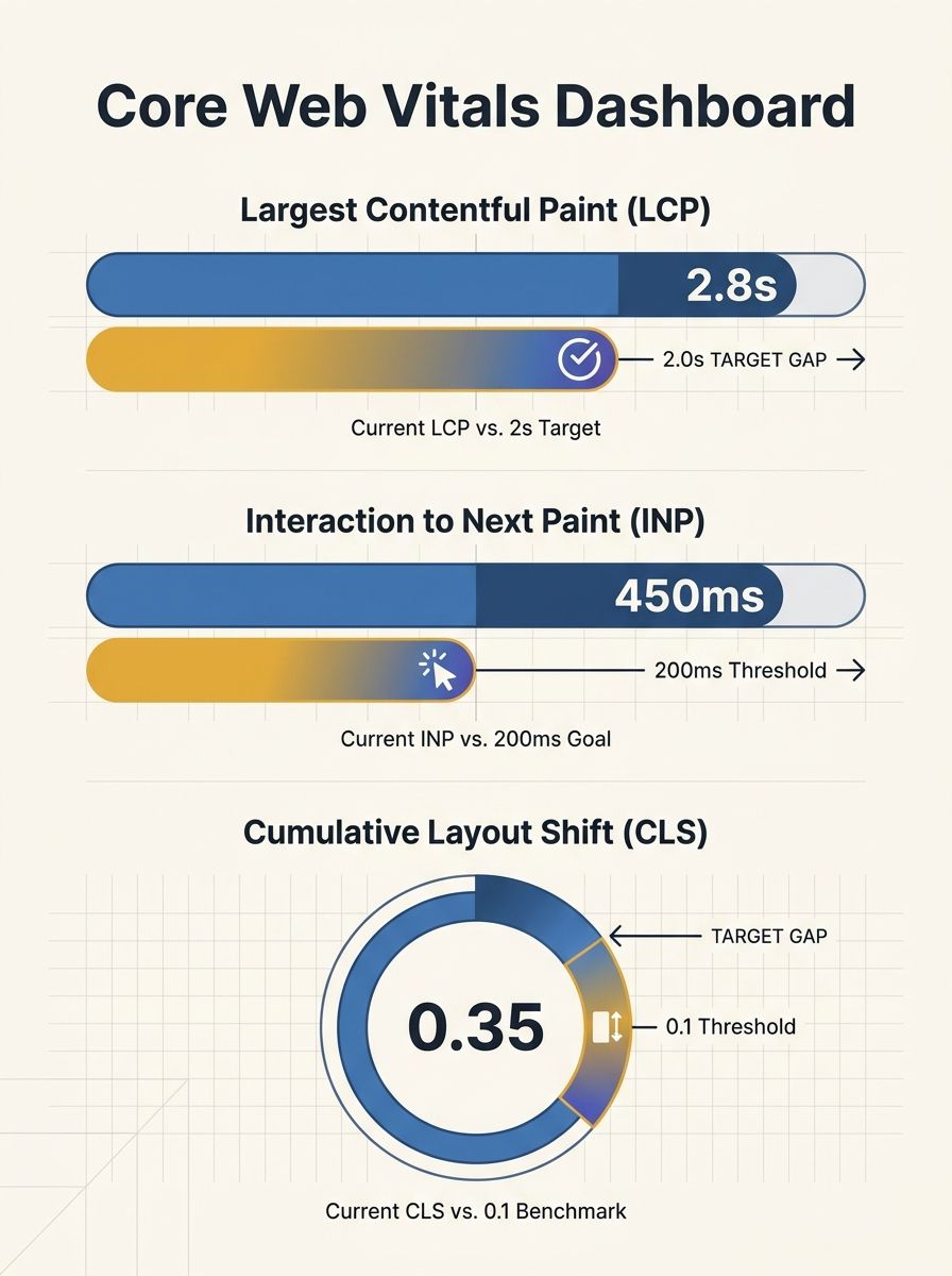 Dashboard showing Core Web Vitals metrics with LCP, INP, and CLS scores highlighting the gap between current performance and new 2.0-second threshold