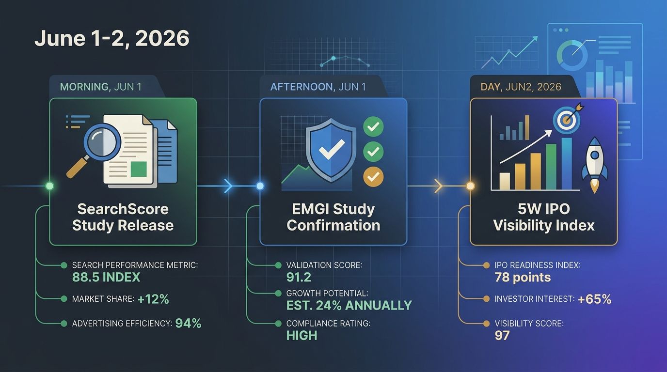 A timeline graphic showing the sequence of events from June 1-2, 2026: SearchScore study release, EMGI study confirmation, and 5W IPO Visibility Index, with key statistics from each study annotated al