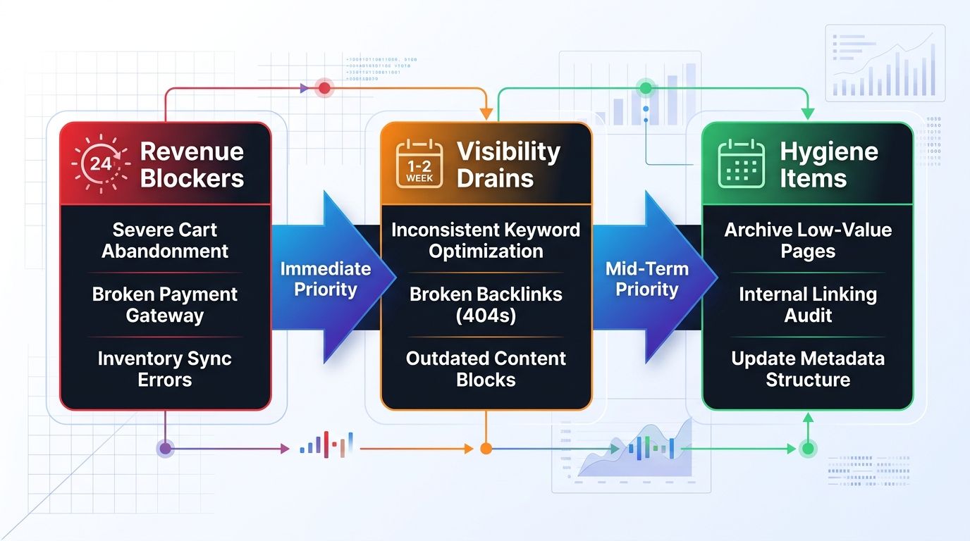 A horizontal flowchart showing three connected buckets labeled Revenue Blockers in red with a 24-hour clock icon, Visibility Drains in orange with a 1-2 week calendar icon, and Hygiene Items in green