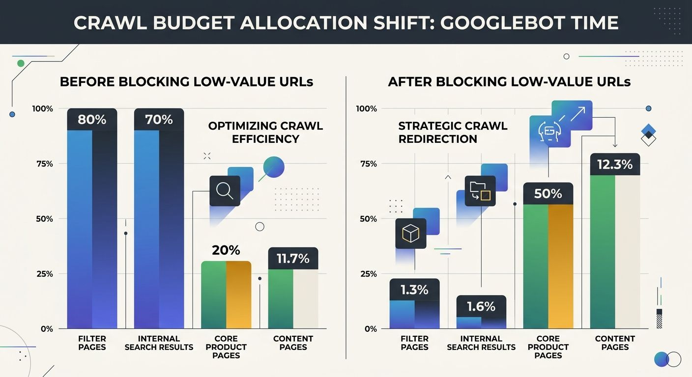 A bar chart comparing crawl budget allocation before and after blocking low-value URLs, showing the percentage shift in Googlebot's time from filter pages and internal search results to core product a
