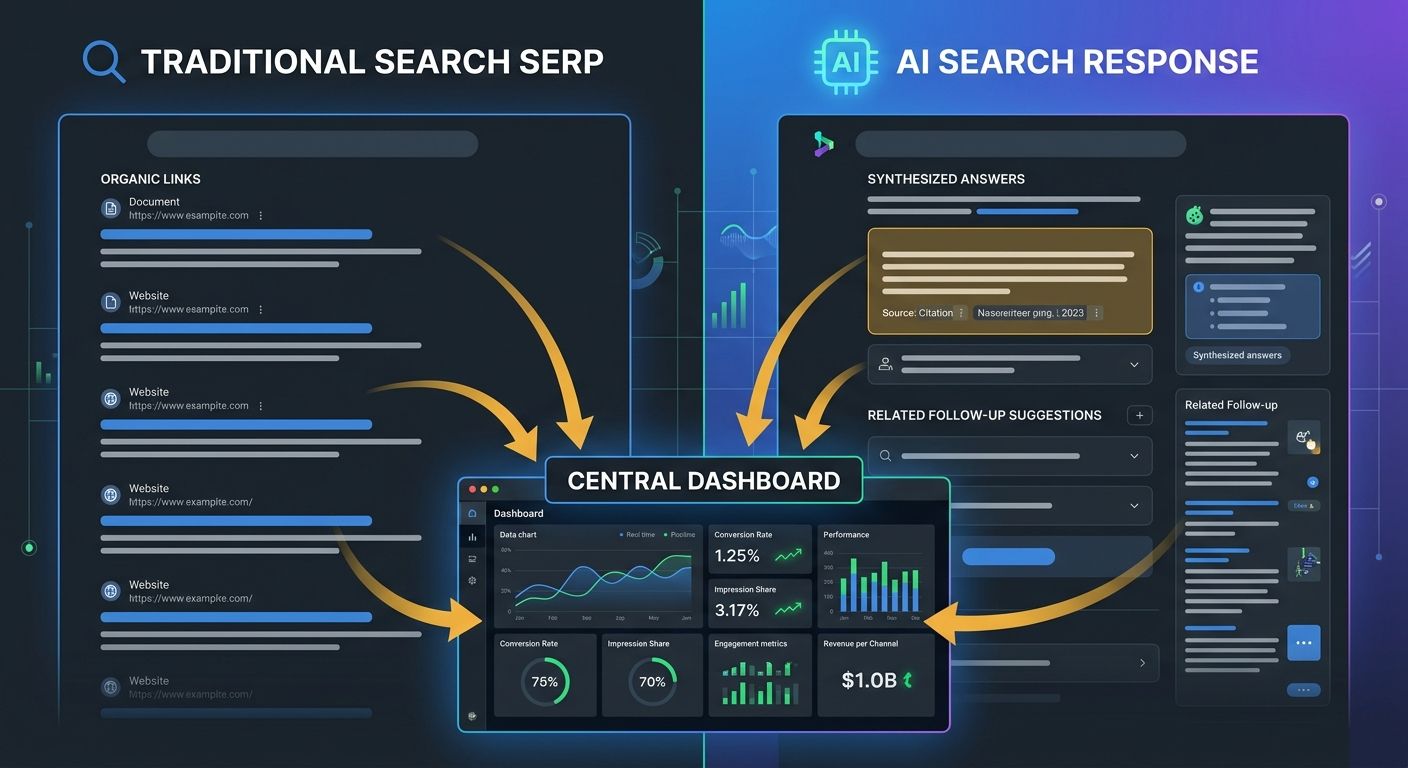 A split-screen comparison showing traditional Google SERP results on one side and AI search responses on the other, with arrows indicating how first-party data content appears in both channels and fee