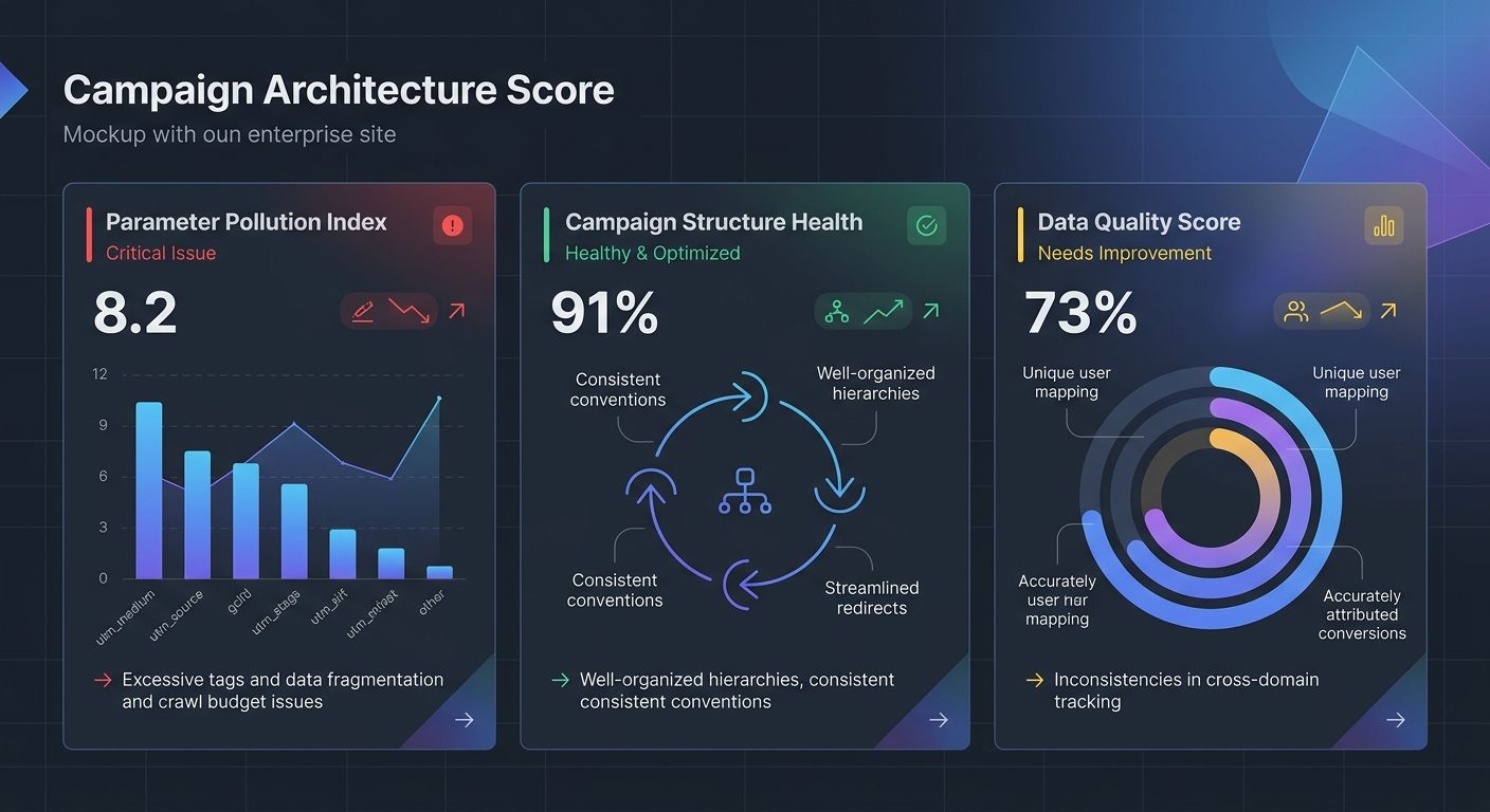 Dashboard mockup showing the three Campaign Architecture Score metrics with green, yellow, and red indicators, displaying sample data for an enterprise site with a high parameter pollution index