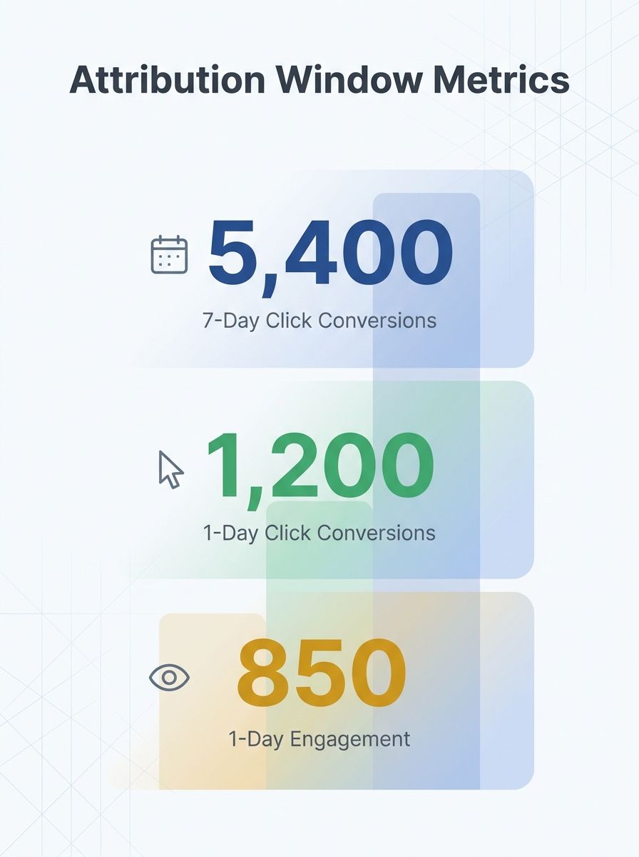 Dashboard screenshot showing overlapping attribution window columns with 7-Day Click, 1-Day Click, and 1-Day Engagement metrics highlighted