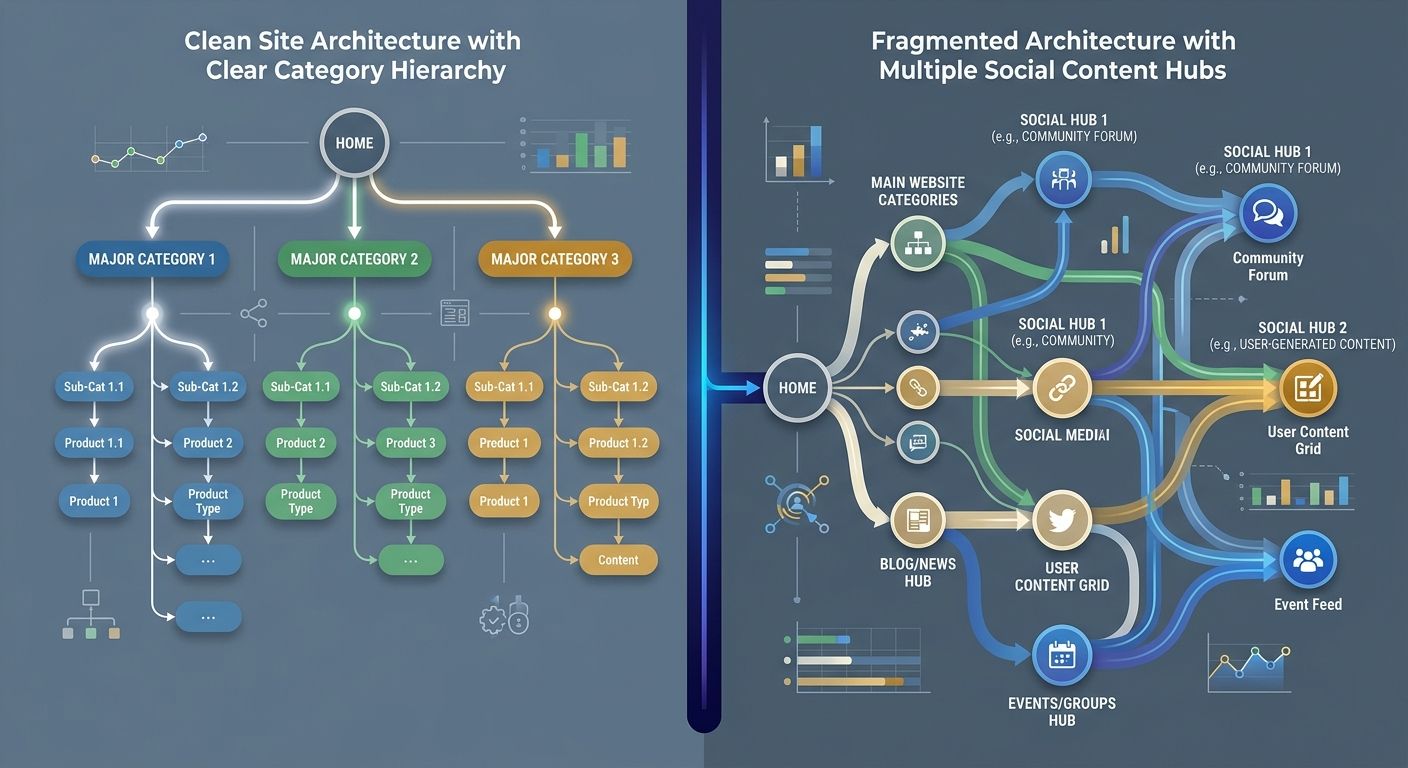 Split-screen comparison of a clean site architecture with clear category hierarchy on the left, versus a fragmented architecture with multiple social content hubs creating parallel navigation paths on
