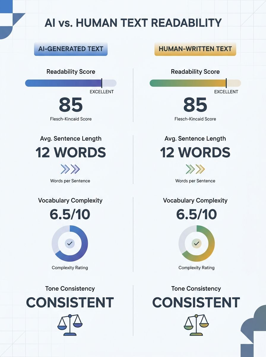 Split-screen comparison showing AI-generated and human-written text side by side with identical readability metrics