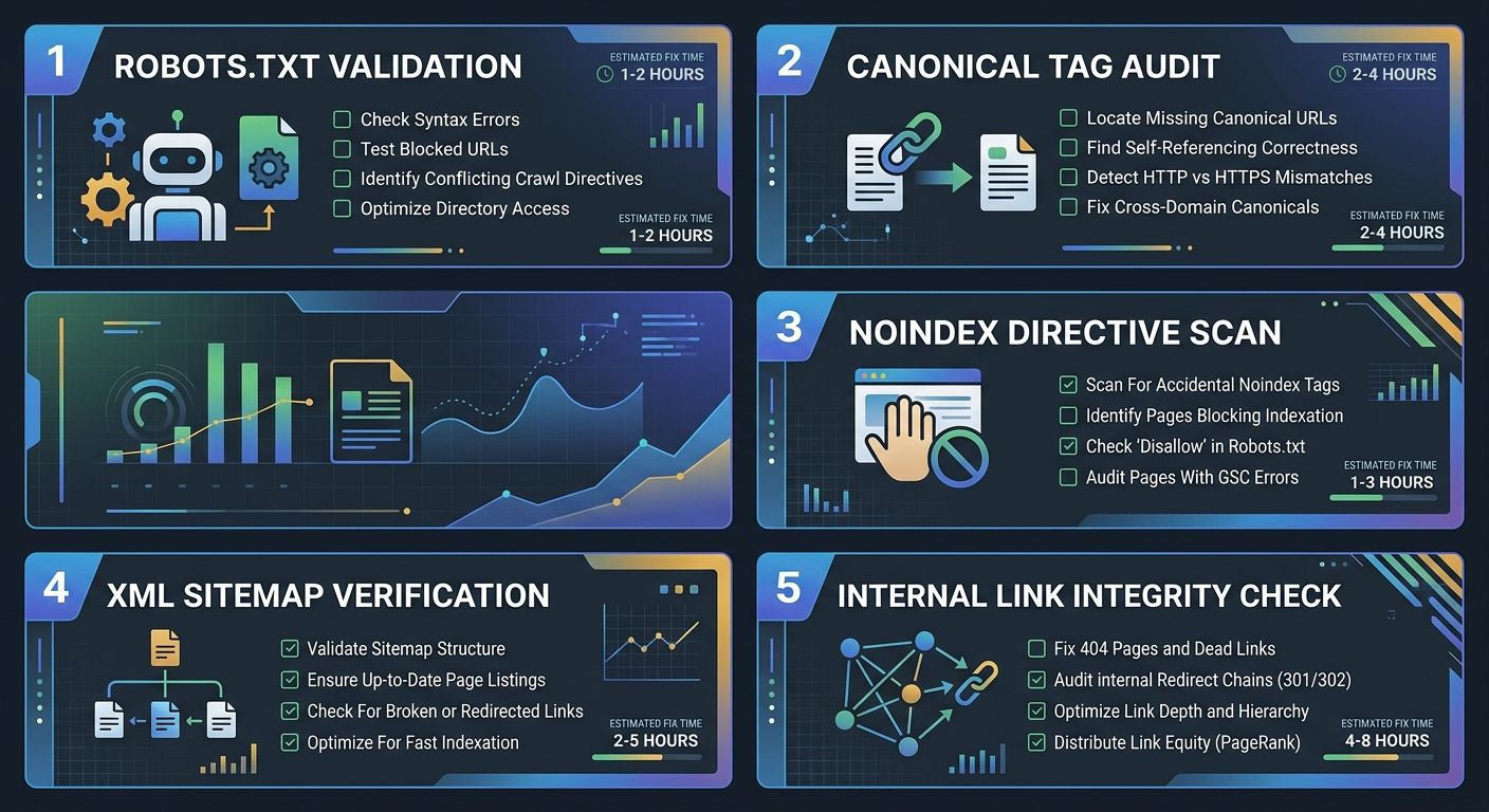 infographic showing a 5-step technical infrastructure audit checklist with icons for robots.txt validation, canonical tag audit, noindex directive scan, XML sitemap verification, and internal link int