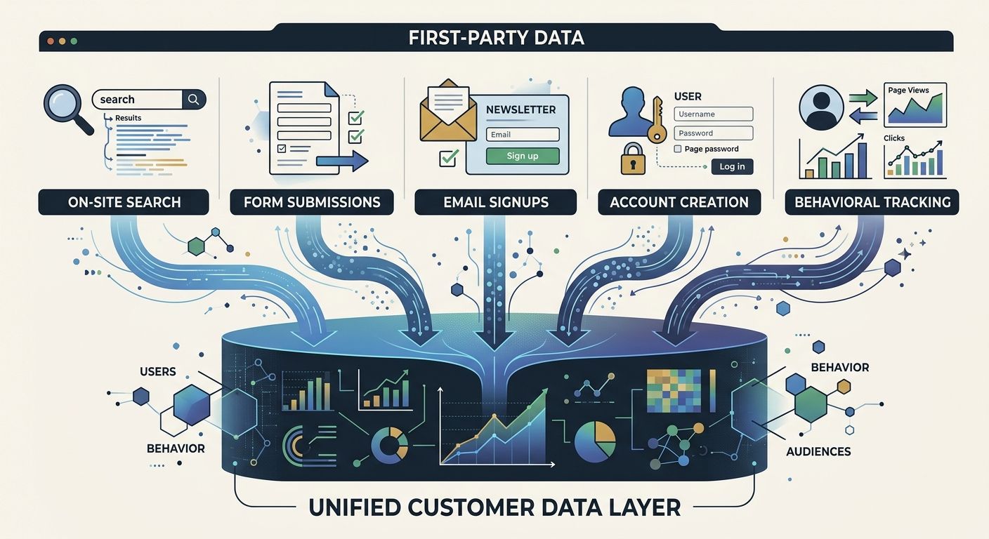 A layered architecture diagram showing first-party data collection points across a website including on-site search, form submissions, email signups, account creation, and behavioral tracking all feed