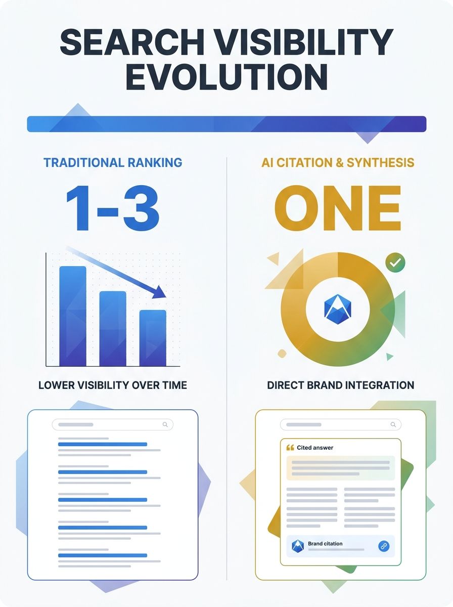 A split-screen comparison showing a traditional Google SERP result on the left side and an AI-generated answer citing a brand on the right side, illustrating the difference between ranking and citatio
