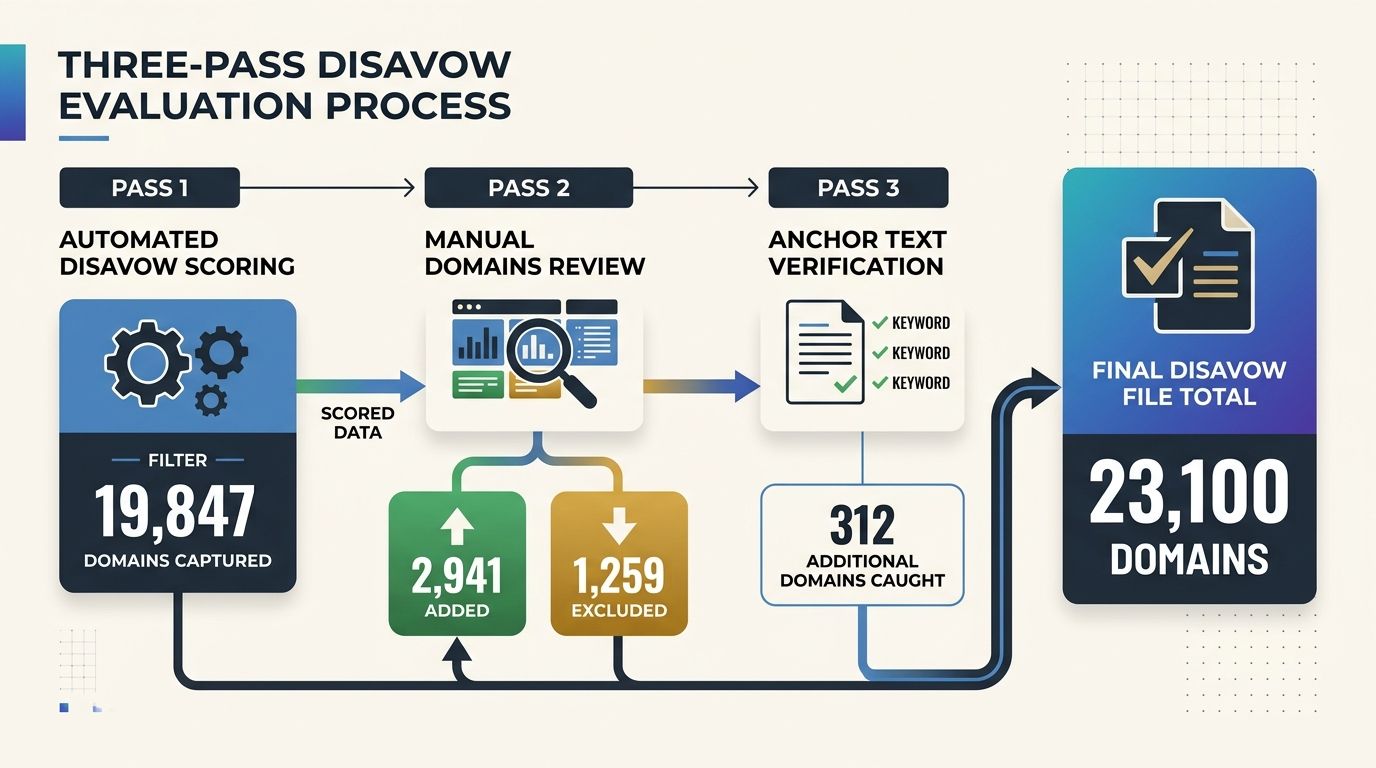 A flowchart showing the three-pass disavow evaluation process: Pass 1 automated scoring captures 19,847 domains, Pass 2 manual review adds 2,941 and excludes 1,259, Pass 3 anchor text verification cat