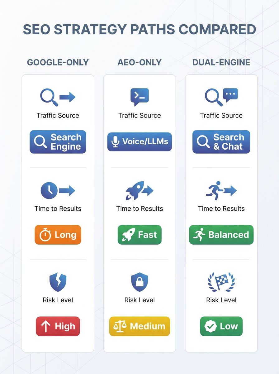 An infographic comparing three SEO strategy paths side by side - Google-Only, AEO-Only, and Dual-Engine - with icons representing traffic source, time to results, engagement metrics, measurement tools