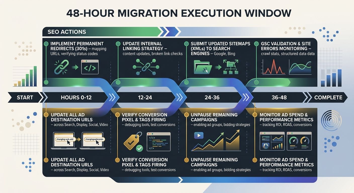 A timeline graphic showing the 48-hour migration execution window, with parallel tracks for SEO actions (redirects, Search Console, sitemap) and paid media actions (ad URL updates, conversion pixel ve