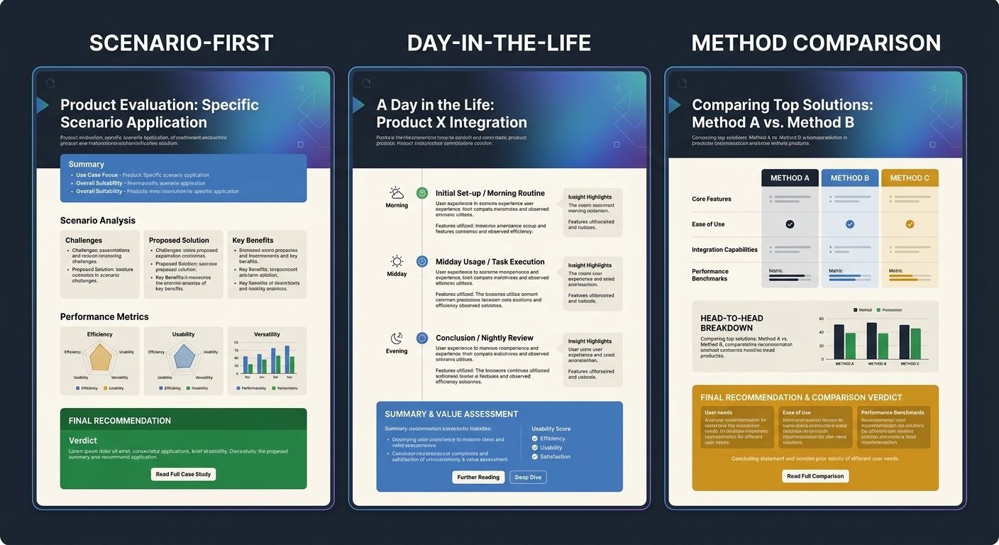 Three side-by-side article template wireframes labeled Scenario-First, Day-in-the-Life, and Method Comparison, each showing distinct content block arrangements with headers, evaluation criteria, and r