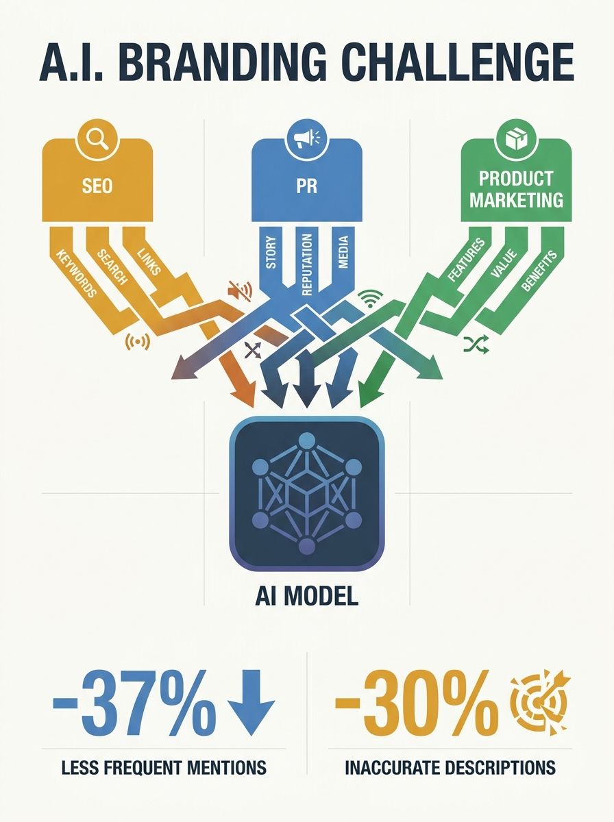 an infographic showing three department silos (SEO, PR, Product Marketing) each sending conflicting brand messages into an AI model, with stats showing 37% less frequent mentions and 30% inaccurate de
