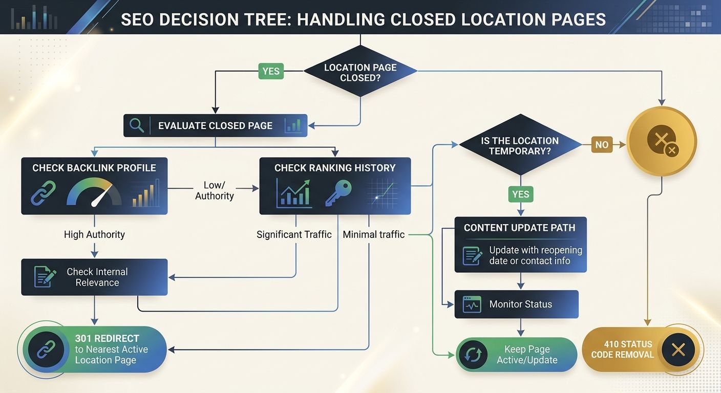 flowchart decision tree for handling closed location pages, with branches for checking backlink profile and ranking history, leading to either 301 redirect to nearest active location, 410 status code