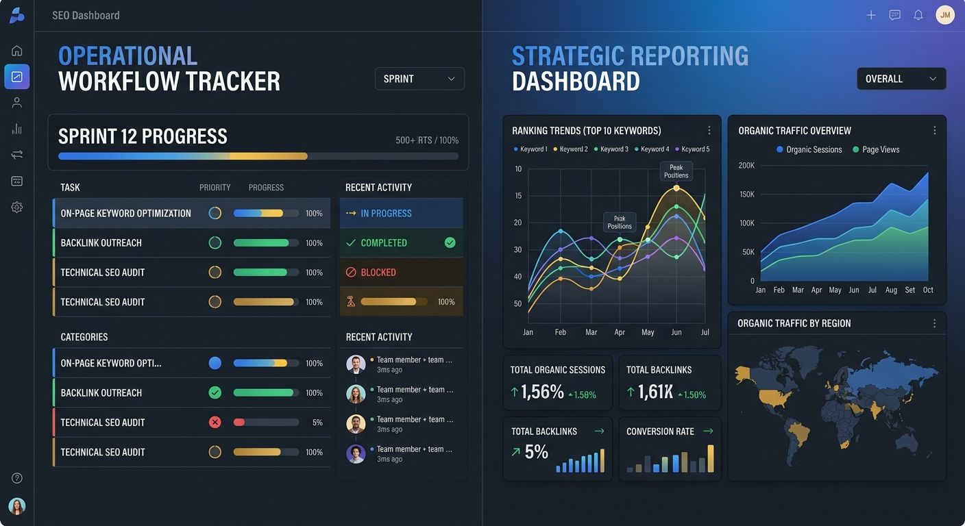 A split-screen dashboard design showing an operational SEO workflow tracker on the left with sprint progress bars and task statuses, and a strategic reporting dashboard on the right with ranking trend