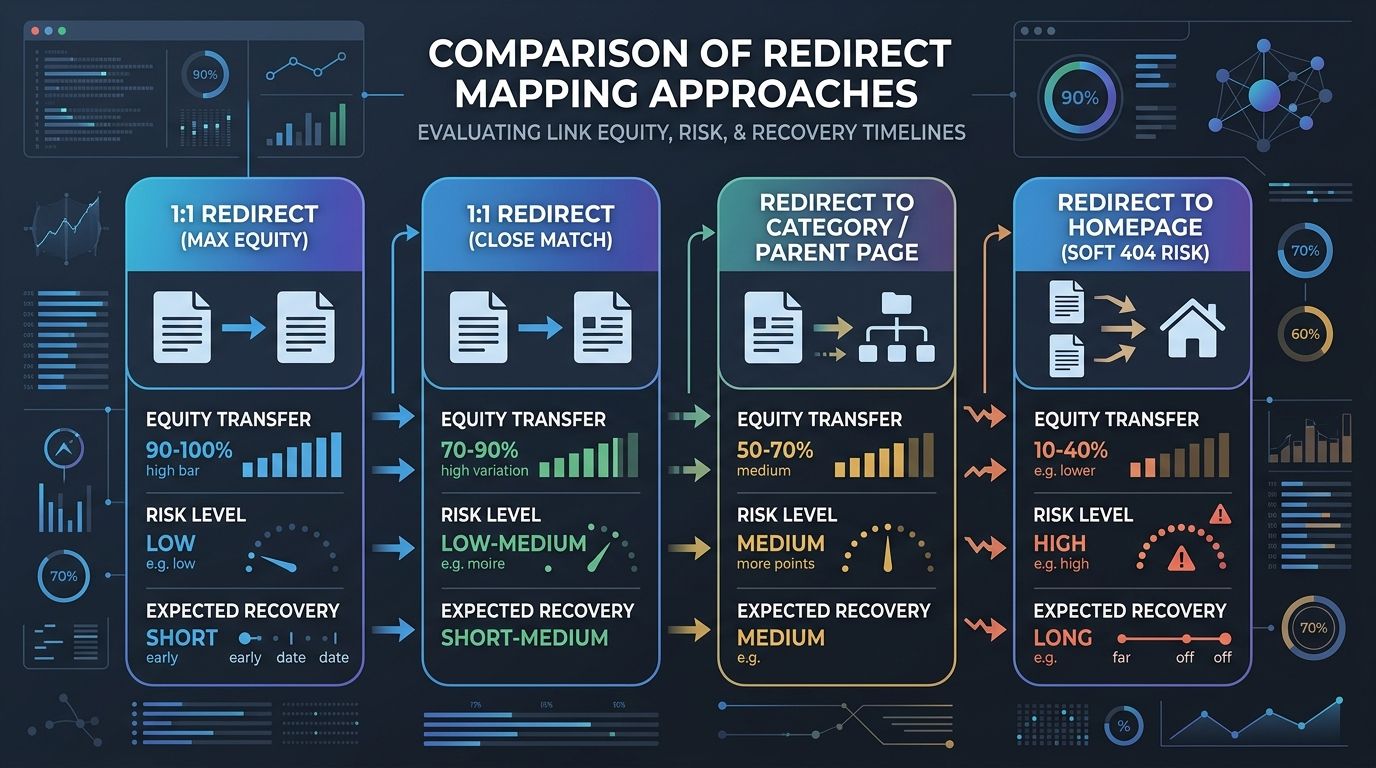 Infographic comparing four redirect mapping approaches with their equity transfer percentages, risk levels, and expected recovery timelines in a horizontal flow chart