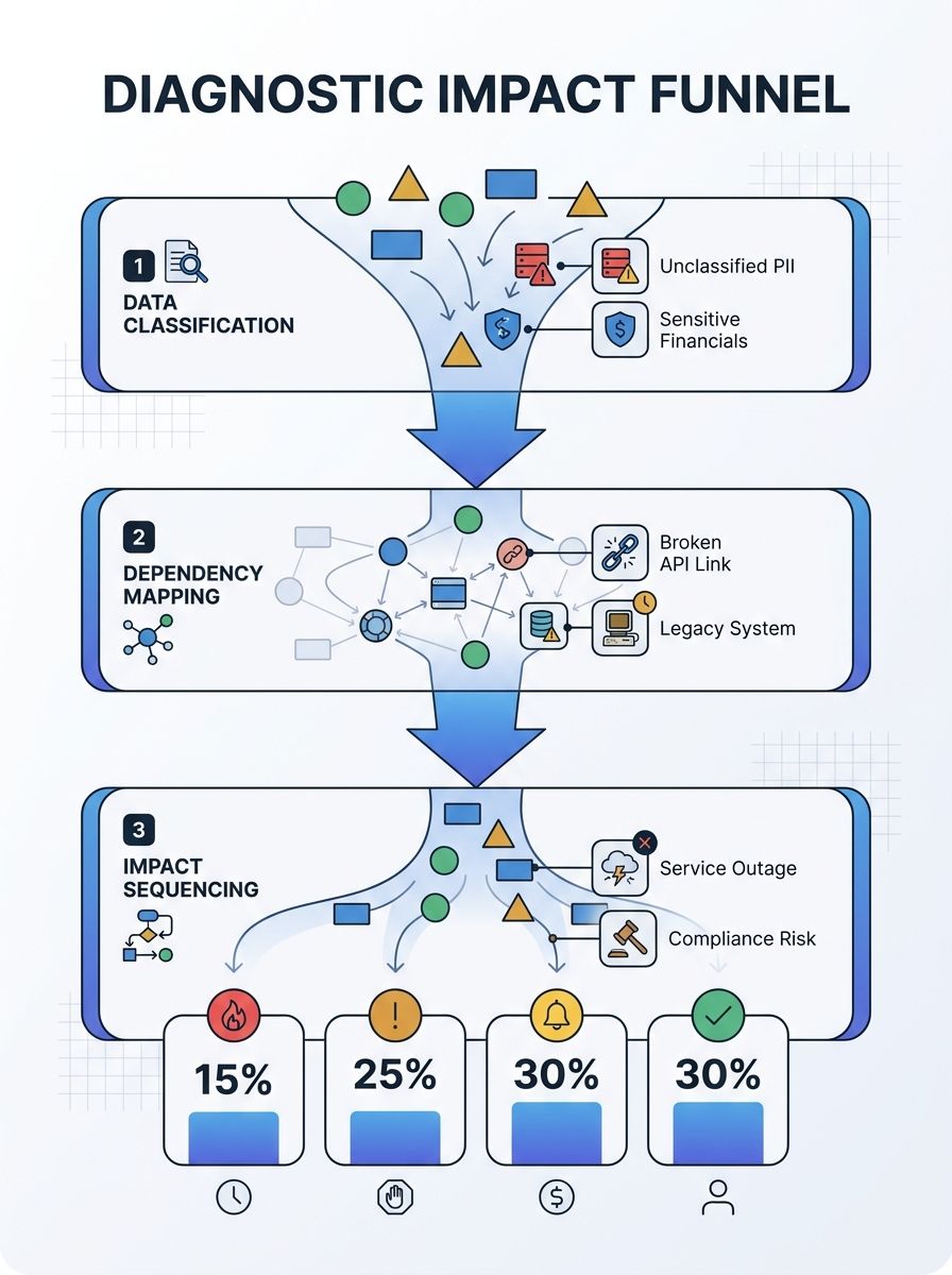 infographic showing a funnel-style diagram with three diagnostic layers - data classification at top, dependency mapping in middle, and impact sequencing at bottom, with example issues flowing through