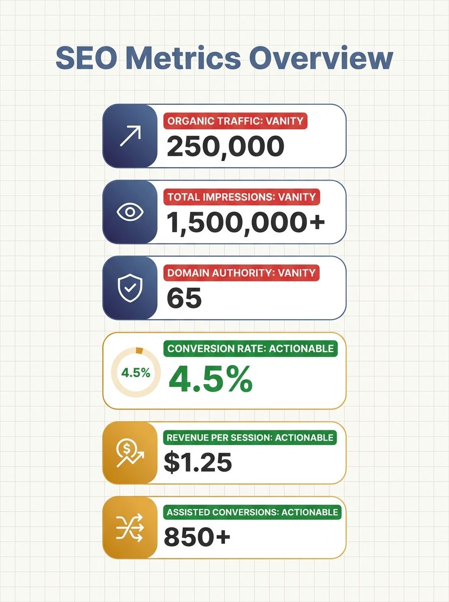 a dashboard mockup showing six common SEO metrics with red "vanity" labels overlaid on organic traffic, total impressions, domain authority, and green "actionable" labels on conversion rate, revenue p